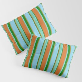 [ Thumbnail: Chocolate, Aquamarine, Sky Blue & Green Colored Stripes Pattern Pillow Sham ]