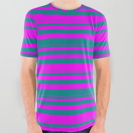 [ Thumbnail: Dark Cyan & Fuchsia Colored Lines/Stripes Pattern All Over Graphic Tee ]