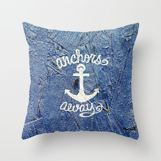 White Nautical Anchors Blue Vintage Wood Texture Throw Pillow