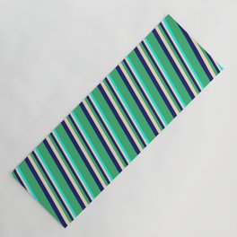 [ Thumbnail: Sea Green, Midnight Blue, Beige & Cyan Colored Lines Pattern Yoga Mat ]