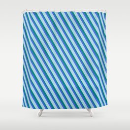 [ Thumbnail: Light Blue, Teal, and Royal Blue Colored Lined Pattern Shower Curtain ]