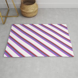 [ Thumbnail: Eye-catching Plum, Red, Blue, Orchid, and White Colored Stripes/Lines Pattern Rug ]