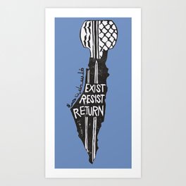 ‘Exist resist return palestine key’ linocut print, black ink on chalk blue Art Print
