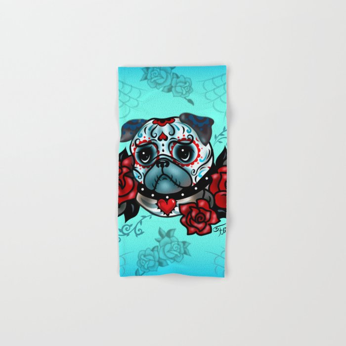 Sugar Skull Pug with Roses on Mint Hand & Bath Towel