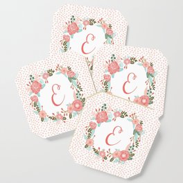 Monogram E - cute girls coral florals flower wreath, coral florals, baby girl, baby blanket Coaster