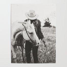 A Cowgirl & Her Horse - Black & White Photo Poster