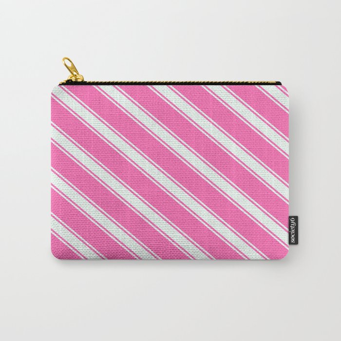 Hot Pink and Mint Cream Colored Striped/Lined Pattern Carry-All Pouch