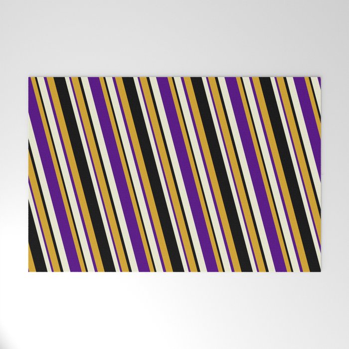 Goldenrod, Indigo, Beige & Black Colored Pattern of Stripes Welcome Mat