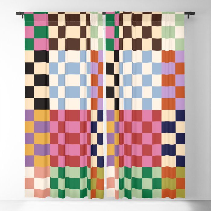 Retro 70s Colorful Patchwork Checkerboard Blackout Curtain