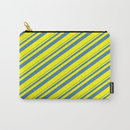 [ Thumbnail: Blue and Yellow Colored Striped Pattern Carry-All Pouch ]