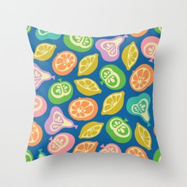 JUICY FRUITS FRESH RIPE FRUIT in BRIGHT SUMMER COLORS ON ROYAL BLUE Throw Pillow