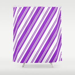 [ Thumbnail: Dark Orchid & White Colored Lined/Striped Pattern Shower Curtain ]