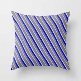 [ Thumbnail: Grey, Light Grey & Blue Colored Striped/Lined Pattern Throw Pillow ]