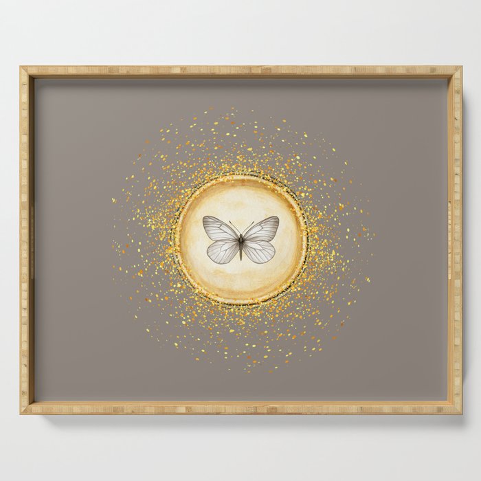 Hand-Drawn Butterfly Gold Circle Pendant on Pastel Brown Serving Tray