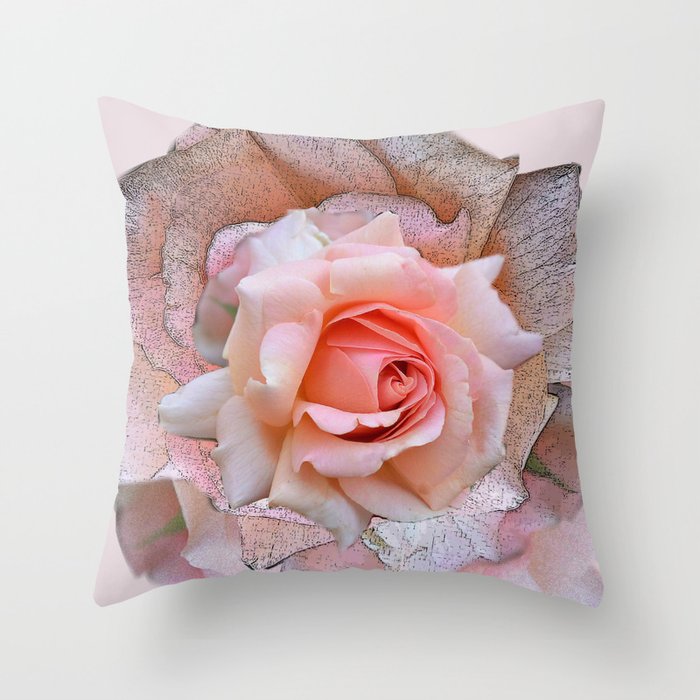 Blush rose with textured blossoms, painting, sketched decor art, Throw Pillow