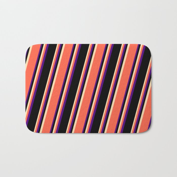 Tan, Red, Indigo, and Black Colored Striped/Lined Pattern Bath Mat