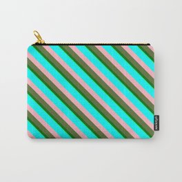 [ Thumbnail: Eye-catching Aqua, Light Pink, Dark Olive Green, Dark Green & Green Colored Stripes/Lines Pattern Carry-All Pouch ]