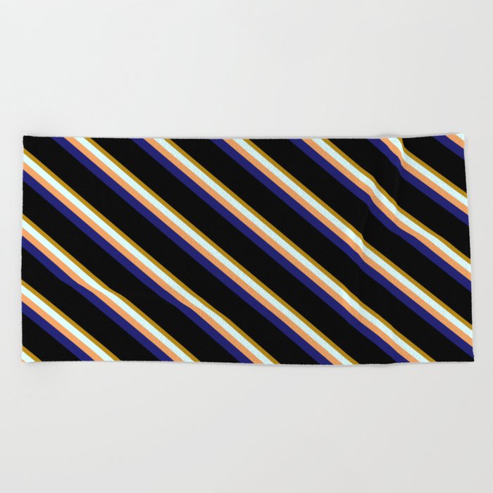 Vibrant Dark Goldenrod, Light Cyan, Brown, Midnight Blue & Black Colored Stripes/Lines Pattern Beach Towel