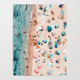 Ocean Print, Pastel Beach, Aerial Print, Beach Print, Aerial Beach Wall Art Print, Beach Photography, Summer Vibes, People Beach Umbrellas Art Poster