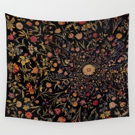 Medieval Flowers on Black Wall Tapestry