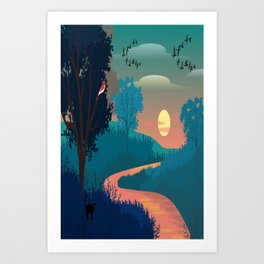 Cute Black Cat And Birds In The Wild With Wonderful Natural Trees ,Plants And Pure River Water At Sunset Art Print | Contemporary Art, Digital, Kitten, View, Nature, Vintage, Drawing, Illustration, Forest, Sky And Sun 