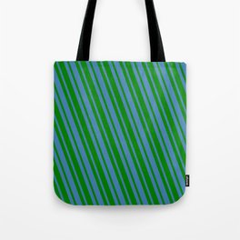 [ Thumbnail: Blue and Green Colored Lines Pattern Tote Bag ]