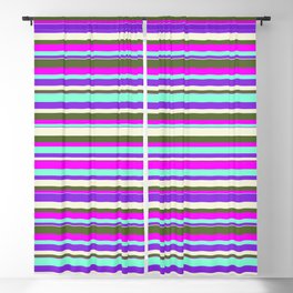 [ Thumbnail: Vibrant Aquamarine, Purple, Beige, Dark Olive Green & Fuchsia Colored Stripes Pattern Blackout Curtain ]