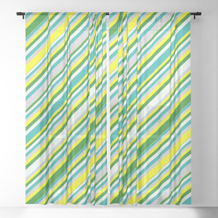 Eyecatching Yellow, Forest Green, Mint Cream, Light Sea Green, and Light Grey Colored Lined Pattern Sheer Curtain