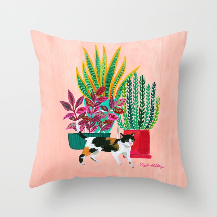 CALICO CAT + PLANTS Throw Pillow
