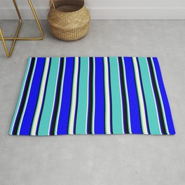 [ Thumbnail: Blue, Light Yellow, Turquoise, and Black Colored Striped/Lined Pattern Rug ]