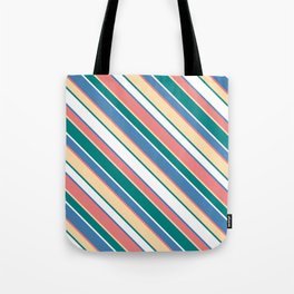 [ Thumbnail: Light Coral, Tan, Teal, White & Blue Colored Striped/Lined Pattern Tote Bag ]