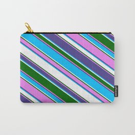 [ Thumbnail: Eyecatching Dark Slate Blue, Deep Sky Blue, White, Dark Green, and Violet Colored Pattern of Stripes Carry-All Pouch ]