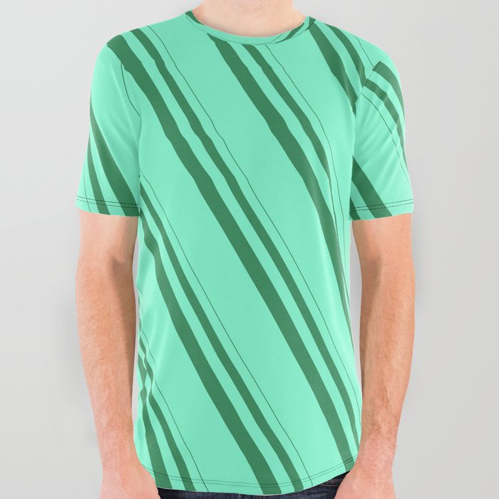 Sea Green and Aquamarine Colored Stripes Pattern All Over Graphic Tee