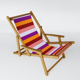 [ Thumbnail: Colorful Light Coral, Lavender, Purple, Dark Orange, and Dark Red Striped/Lined Pattern Sling Chair ]