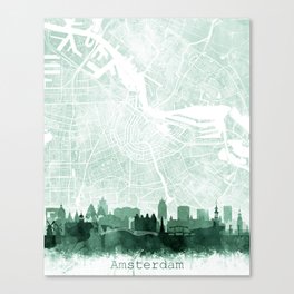 Amsterdam Skyline & Map Watercolor Sage Green, Print by Zouzounio Art Canvas Print