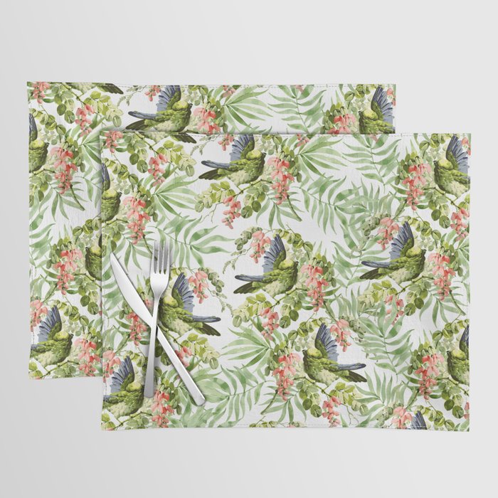 Watercolor pink green black bird greenery floral Placemat