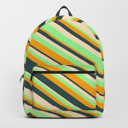 [ Thumbnail: Orange, Dark Slate Gray, Bisque, and Green Colored Lined/Striped Pattern Backpack ]