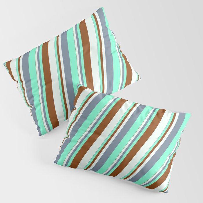 Light Slate Gray, Aquamarine, Brown & Mint Cream Colored Stripes/Lines Pattern Pillow Sham