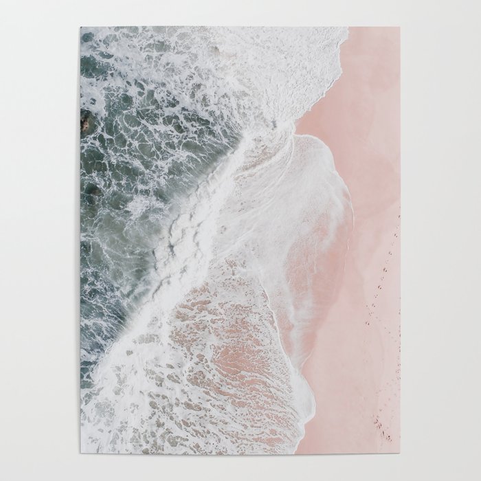 Crashing Waves Ocean Print - Aerial Beach - Pink Sand - Sea Travel photography by Ingrid Beddoes Poster