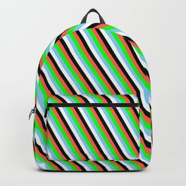 [ Thumbnail: Eye-catching Red, Lime, Light Sky Blue, Mint Cream & Black Colored Lined Pattern Backpack ]