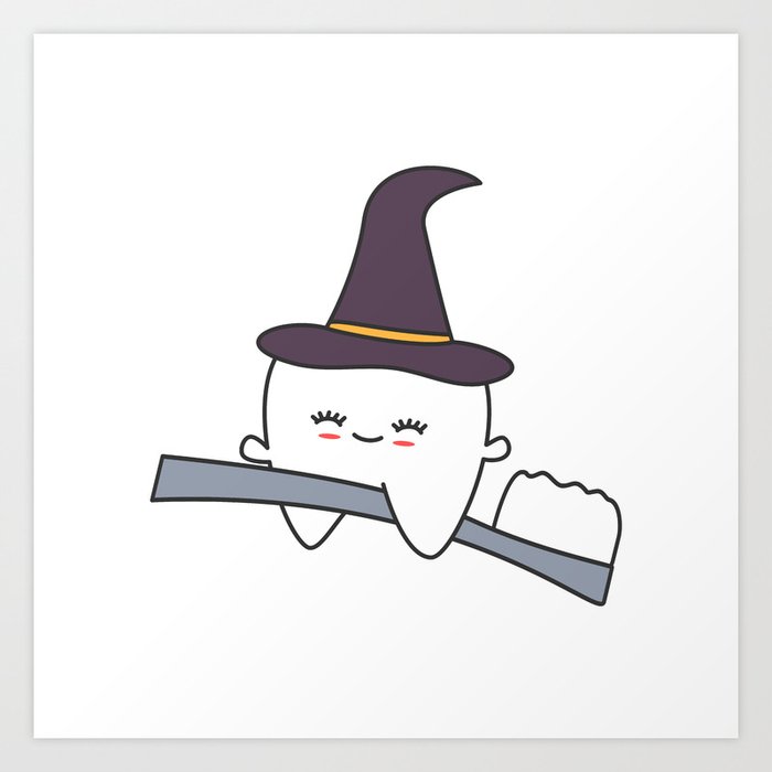 Cute Cartoon Tooth With Witch Hat Flying On Toothbrush Funny Halloween Illustration Art Print By Alicevacca Society6
