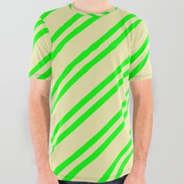 [ Thumbnail: Lime and Pale Goldenrod Colored Pattern of Stripes All Over Graphic Tee ]