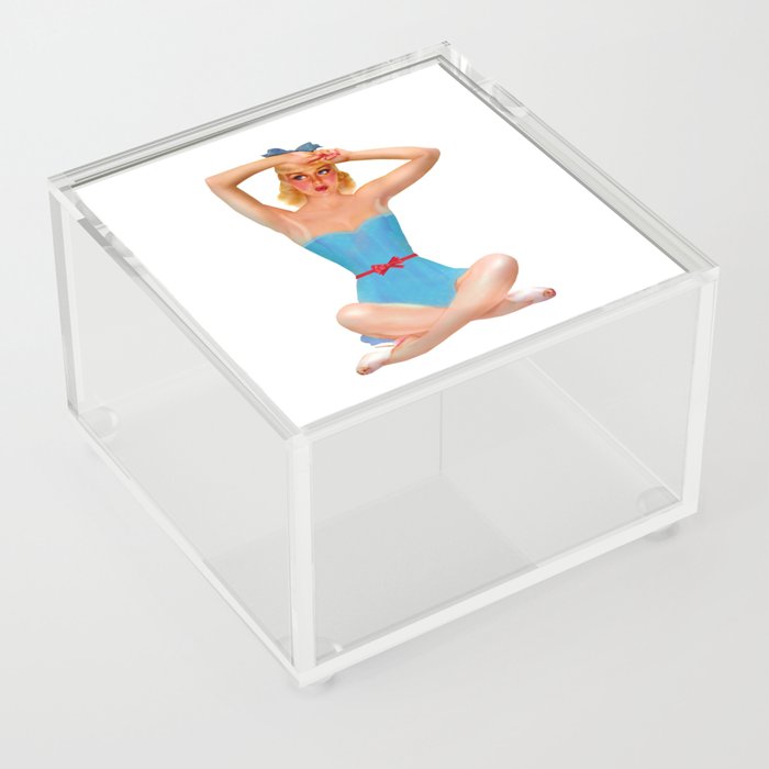 Sexy Blonde Tan Pin Up With Blue Eyes Vintage Light Blue Dress Legs Crossed Acrylic Box