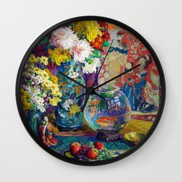 Gold Fish bowl, Fruits, Flowers, and Peonies still life portrait painting by Kathryn Evelyn Cherry Wall Clock
