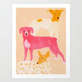 Three Dogs Lined Up - Yellow and Pink Art Print