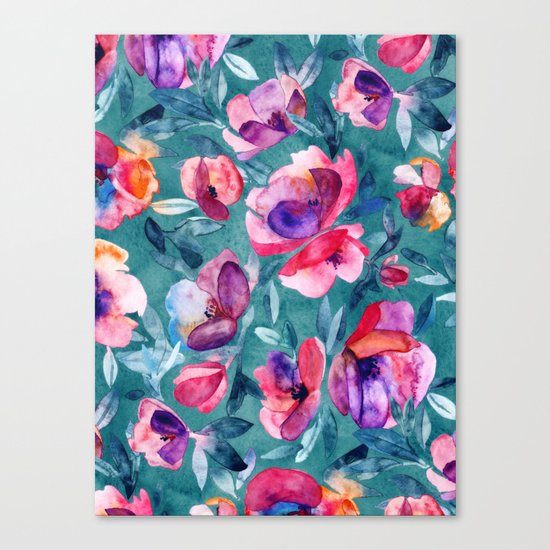 Flourish - a watercolor floral in pink and teal Canvas Print