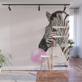 Zebra Playing Bubble Gum in Pink Wall Mural