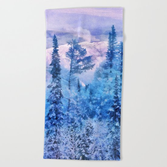 Winter forest in mountains Beach Towel