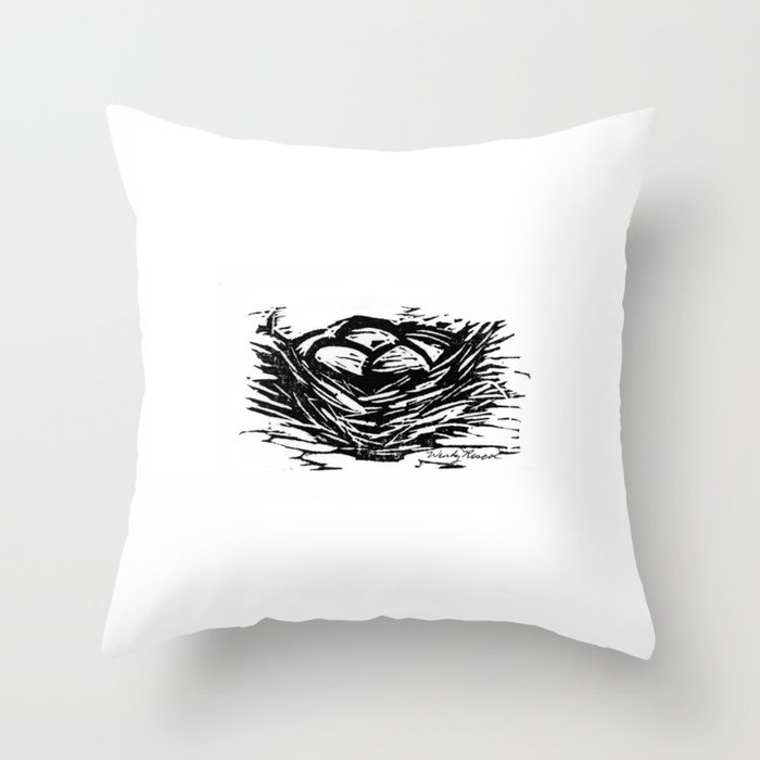 Birds Nest with Several Eggs Black & Whiate Throw Pillow