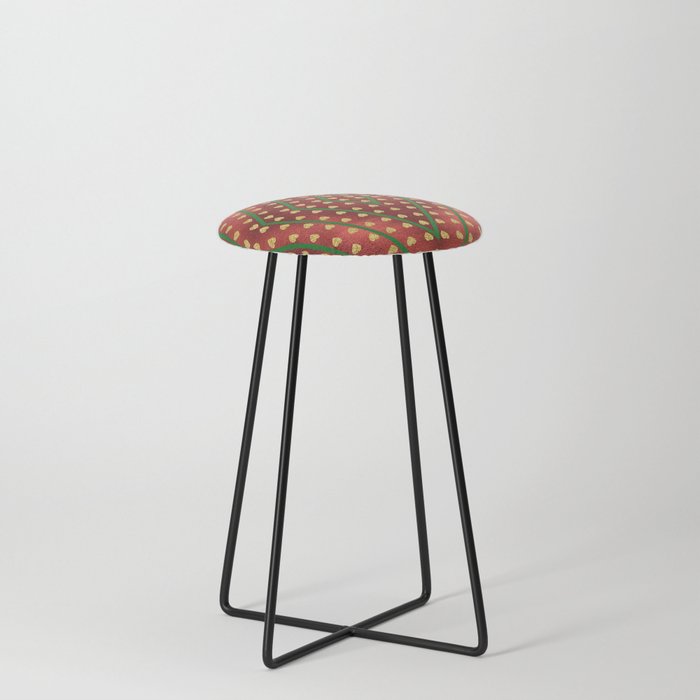 Gold Hearts on a Red Shiny Background with Green Diamond Lines Counter Stool